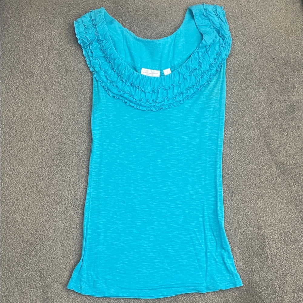 New York & Company Turquoise Ruffle Neck Blouse